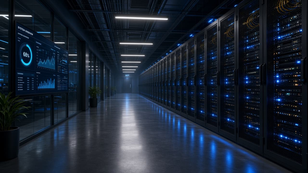 Data center corridor with teal server rack lighting